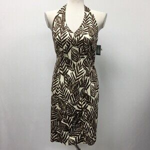 Jones New York Signature Womens Dress Size 4 Brown Ivory Cream Leaves Halter NWT